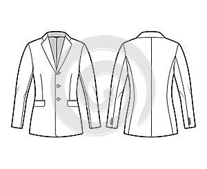 Blazer fitted jacket suit technical fashion illustration with single breasted, notched lapel collar, flap pocket, fitted