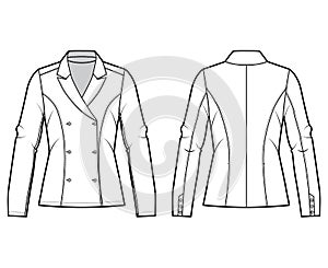 Blazer technical fashion illustration with notched lapel, fitted silhouette, double breasted opening, long sleeves.