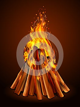 Blazing bonfire inferno fire on wood for outdoor camping or Lohri celebration