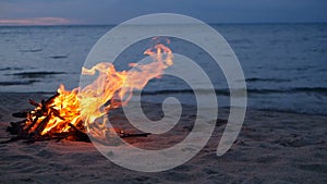 Blazing campfire on beach, summer evening. Bonfire in nature as background. Burning wood on white sand shore at sunset.