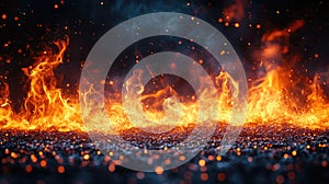 A blazing fire burns against a black background