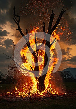 A blazing fire engulfs a leafless tree at dusk. The flames are intense, glowing bright photo
