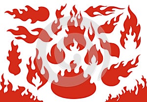 Blazing fire flames. Flaming red wildfire fiery or racing flame. Blazing hell inferno fire icons illustration set