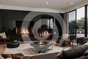 Blazing fire in living room of luxury architect designed Australian house