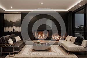 Blazing fire in living room of luxury architect designed Australian house