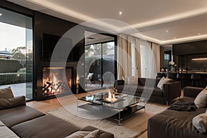 Blazing fire in living room of luxury architect designed Australian house