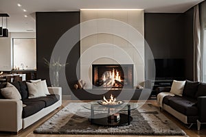 Blazing fire in living room of luxury architect designed Australian house