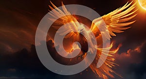 blazing Phoenix bird flying in clouds heavens. Digital art work. AI generated