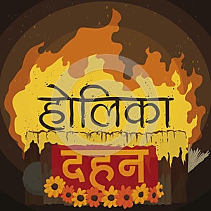 Blazing Pyre for Holika Dahan Celebration in Sanskrit, Vector Illustration