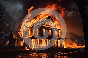 Blazing residence, flames devouring an aged house in a conflagration