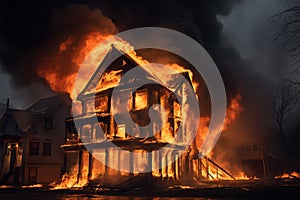 Blazing residence, flames devouring an aged house in a conflagration