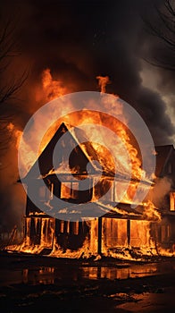 Blazing residence, flames devouring an aged house in a conflagration