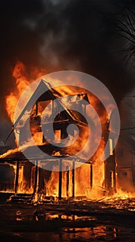 Blazing residence, flames devouring an aged house in a conflagration