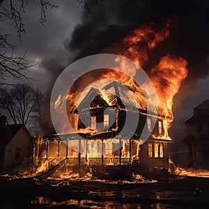 Blazing residence, flames devouring an aged house in a conflagration