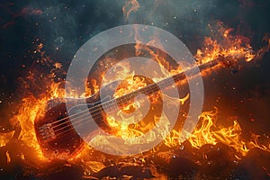 Blazing Riffs: A Fiery Bass Guitar Ignites Rock Passion. Concept Music, Bass Guitar, Rock Passion,