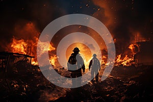 Blazing scrap inferno, two firemen in silhouette