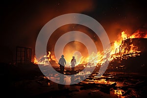 Blazing scrap inferno, two firemen in silhouette