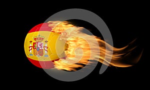 Blazing Soccer Ball With Spain Flag on Fire Isolated on Black Background