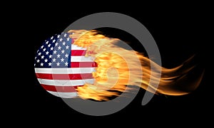 Blazing Soccer Ball With US Flag on Fire Isolated on Black Background