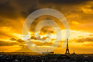 Blazing sunset over Paris and the Eiffel tower