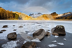 Blea Tarn frozen Winter morning, Lake District, UK.