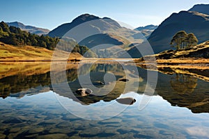 Blea Tarn in the Lake District National Park, with the Langdale Pike\'s reflected in the perfectly still waters on a stunning