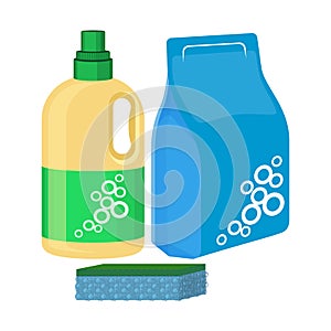 Bleach bottle with sponge, package of washing powder, detergent vector photo