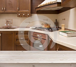 Bleached table on defocused brown kitchen interior background