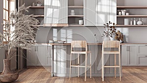 Bleached wooden kitchen in white and beige tones with island and stools. Parquet floor, shelves and cabinets. Farmhouse boho