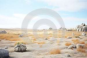 bleak landscape with scattered rocks and sparse vegetation