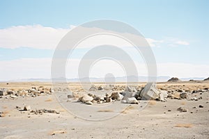 bleak landscape with scattered rocks and sparse vegetation