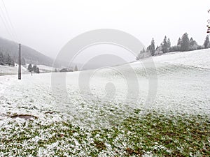 Bleak misty winter landscape with light snow