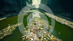 bleak urban landscape showcasing a polluted river filled with waste