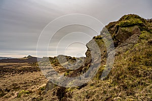 Bleak winter panoramic view of Baldstone, and Gib Torr in the Peak District National Park