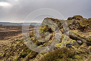 Bleak winter panoramic view of Baldstone, and Gib Torr in the Peak District National Park