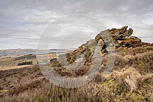 Bleak winter panoramic view of Baldstone, and Gib Torr in the Peak District National Park