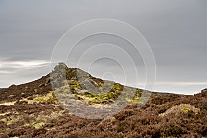 Bleak winter panoramic view of Baldstone, and Gib Torr in the Peak District National Park