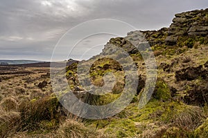 Bleak winter panoramic view of Baldstone, and Gib Torr in the Peak District National Park