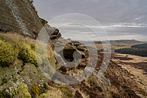 Bleak winter panoramic view of Baldstone, and Gib Torr in the Peak District National Park