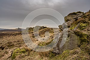 Bleak winter panoramic view of Baldstone, and Gib Torr in the Peak District National Park