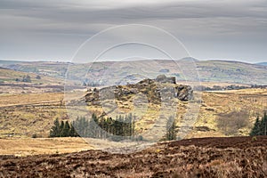 Bleak winter panoramic view of Baldstone, and Gib Torr in the Peak District National Park photo