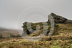 Bleak winter panoramic view of Gib Torr, and The Roaches in the Peak District National Park