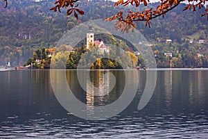 Bled Island in autumn in famous Lake Bled in Slovenia