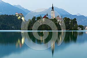 Bled Island and Bled Castle at dusk, Bled, Slovenia photo