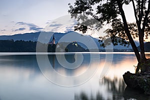 Bled island and castle at dawn, Slovenia