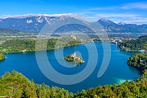 Bled Island and Lake Bled from Osojnica Hill, a popular tourist destination in Slovenia