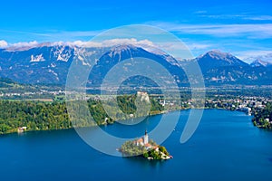 Bled Island and Lake Bled from Osojnica Hill, a popular tourist destination in Slovenia