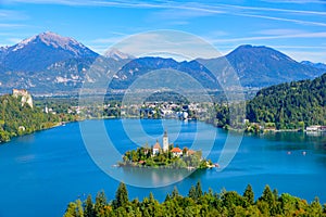 Bled Island and Lake Bled from Osojnica Hill, a popular tourist destination in Slovenia