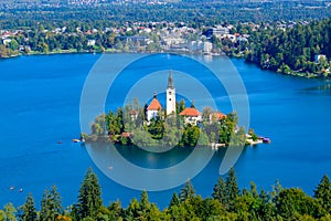 Bled Island and Lake Bled from Osojnica Hill, a popular tourist destination in Slovenia