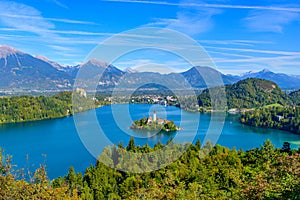 Bled Island and Lake Bled from Osojnica Hill, a popular tourist destination in Slovenia